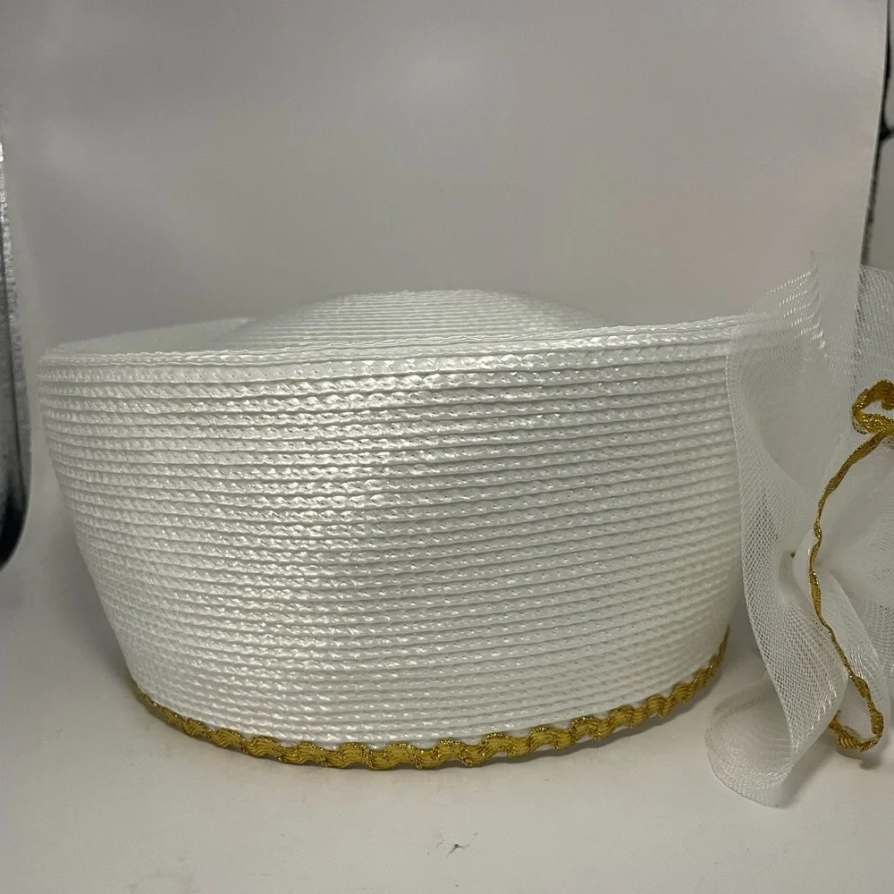 Hat Women's White Pillbox gold trim Large Mesh Bow church hat